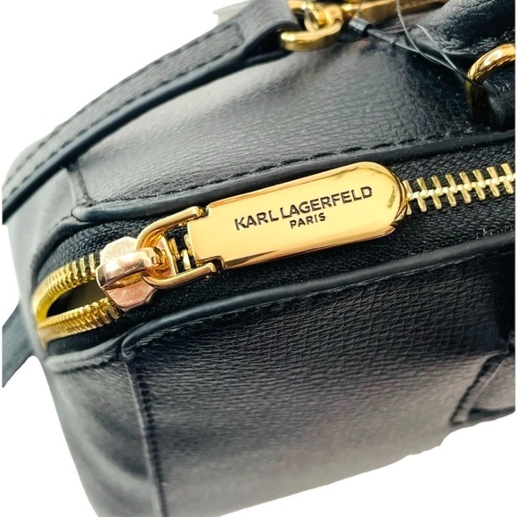 NWT Women KARL LAGERFELD Long Black Genuine Leather Satchel East West Bag Charms - Picture 4 of 15